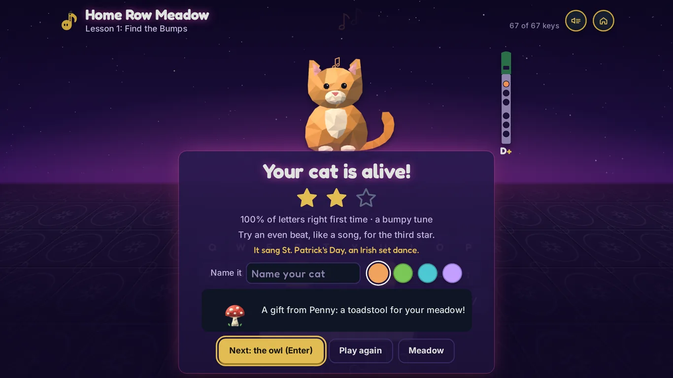 A low-poly orange cat sits in a purple night meadow above a card that says Your cat is alive, with two of three stars and the line It sang St. Patrick's Day, an Irish set dance.
