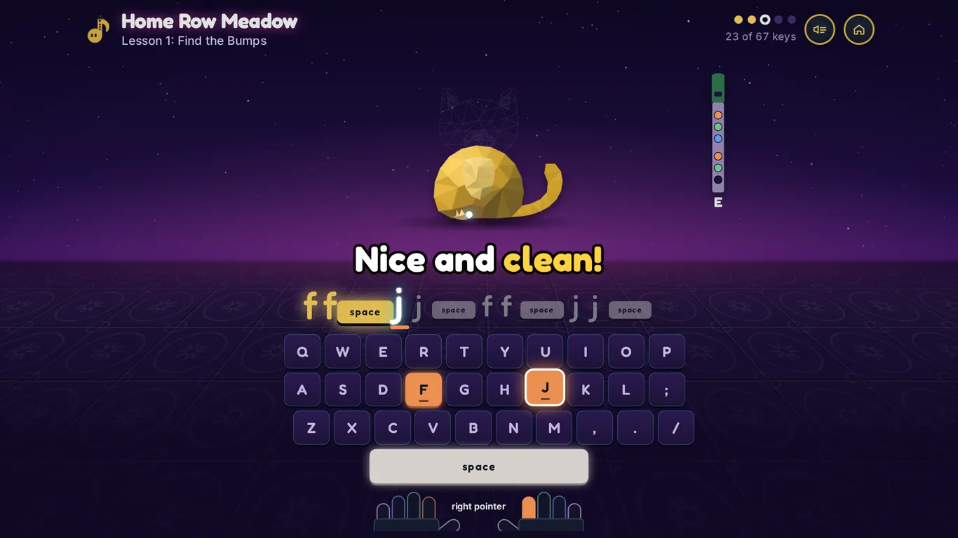 A lesson in progress: the letters f and j with little space bar keys between them, an on-screen keyboard with F and J lit orange, a half-built brass cat, and Penny's green whistle showing which holes to cover.